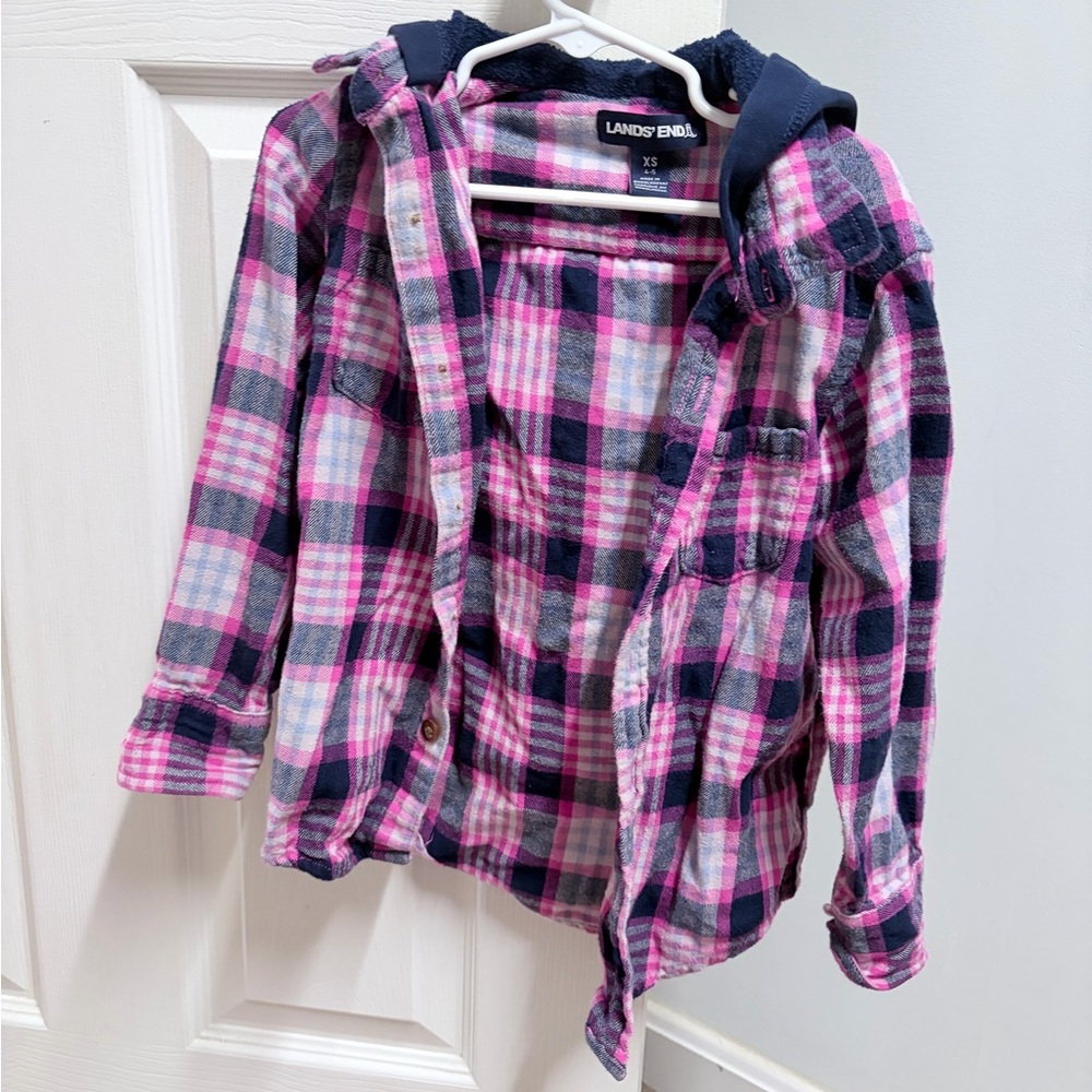 Lands' End Kids Pink and Blue Plaid Button Down Shirt
